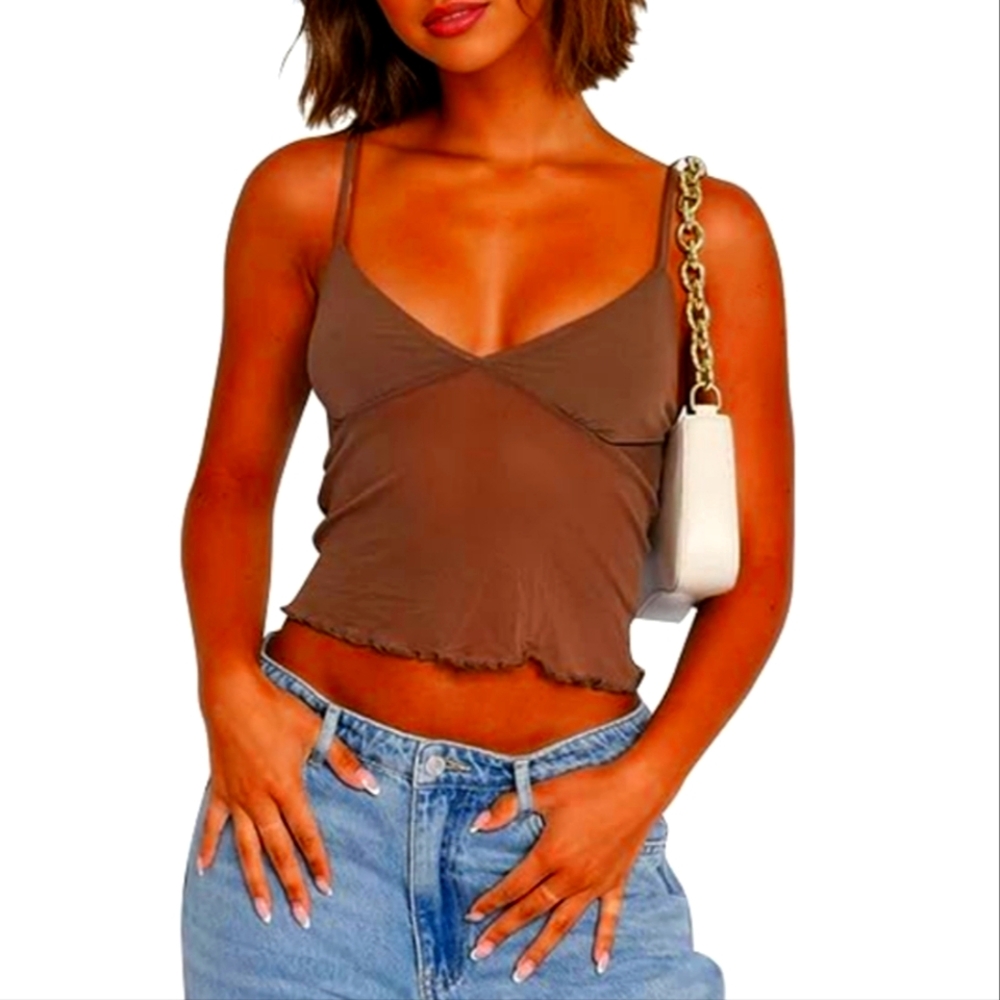 Brown Spaghetti Strap Camisol Sz. M Women's Top Tags Removed Crop Sheer